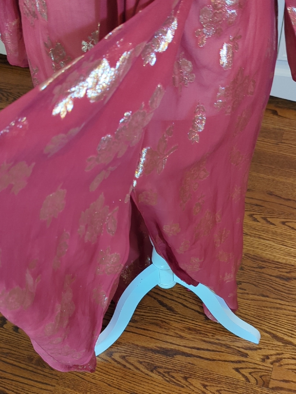 Opaline Designer Sheer Silk Dusty Rose Metallic Floral Tie-Waist Midi Dress - Picture 8 of 11